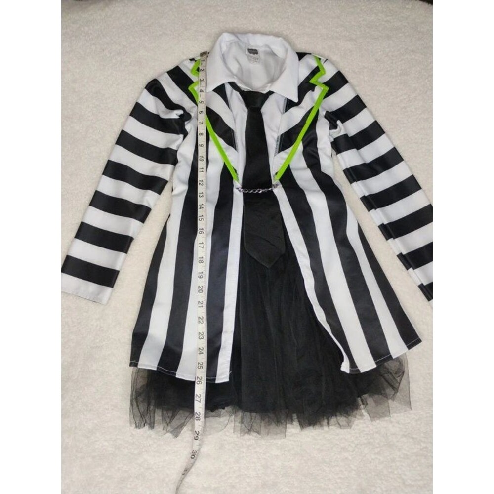 Beetlejuice Halloween Costume Girls L Striped Dress Jacket Tie Chain Accent